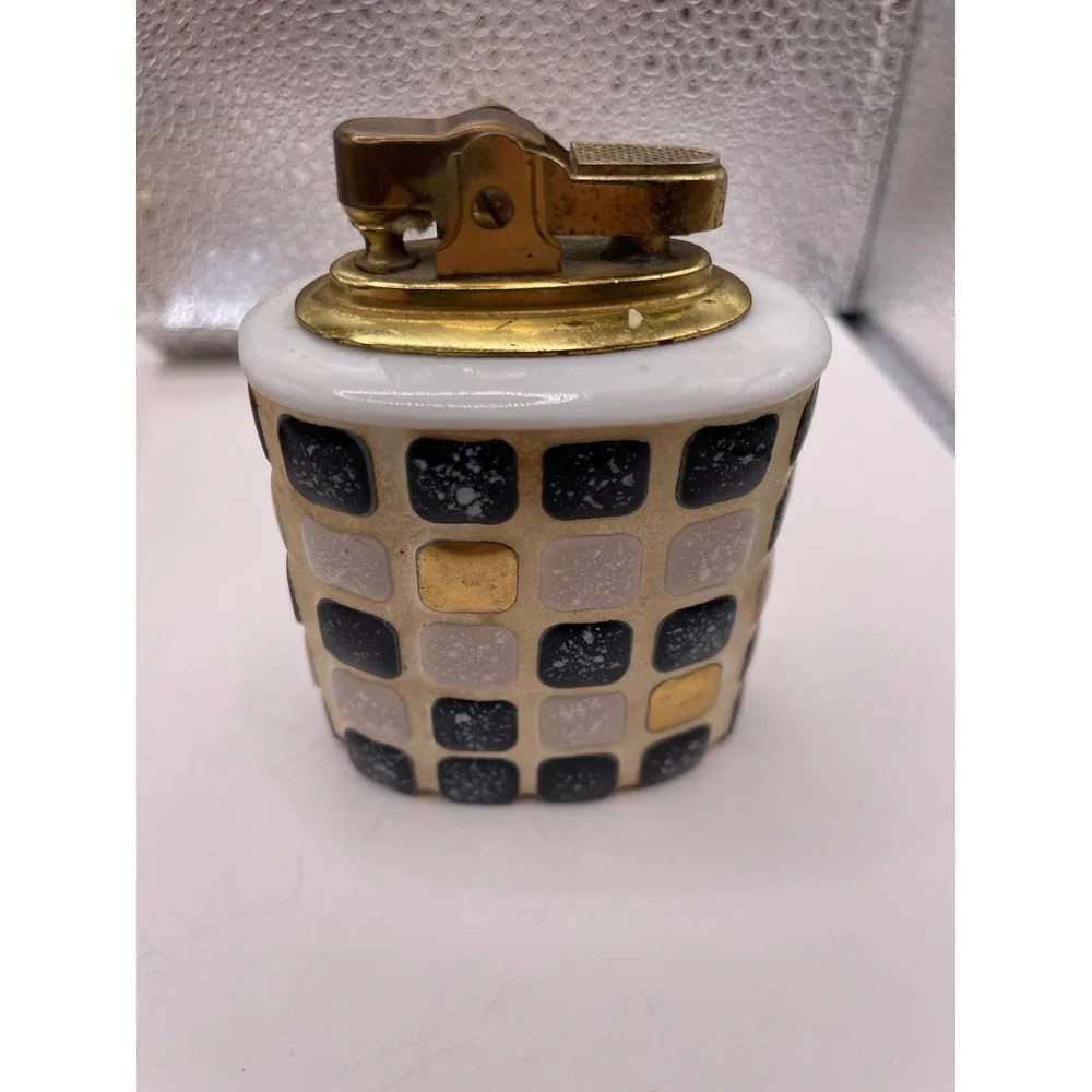 Vtg Mid Century Penguin Japan Mosaic Lighter and Ashtray Set Black‎ White Gold